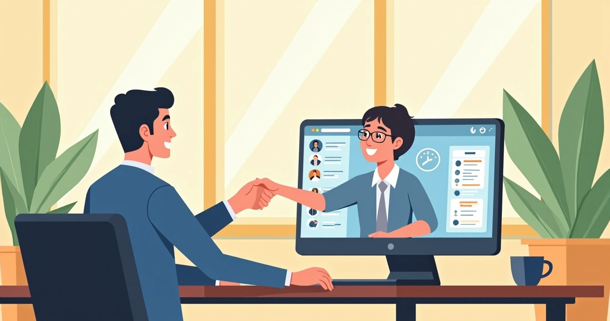 Mão de vendedor cumprimentando cliente pelo notebook, dados do CRM na tela. 