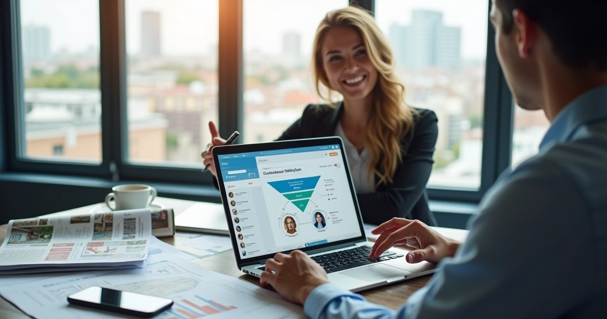 Corretor de imóveis usando software de CRM em laptop em escritório 