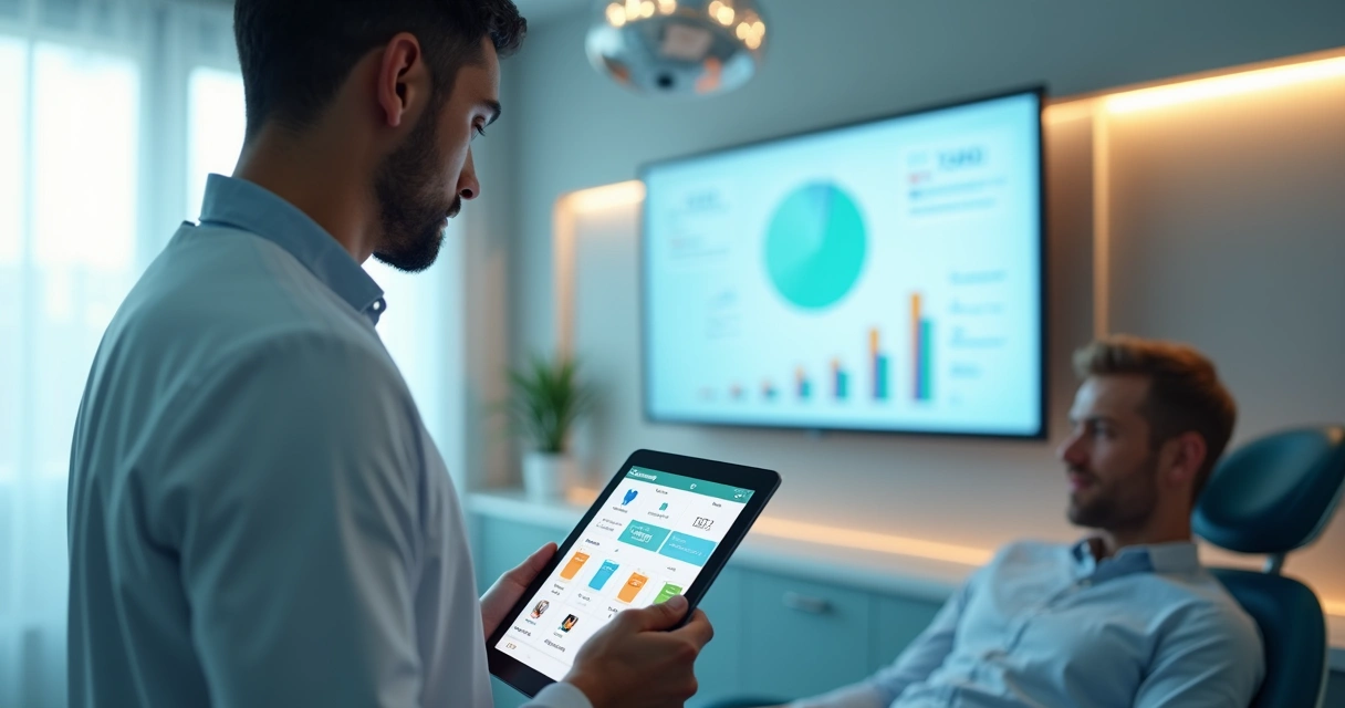 Dentista usando CRM odontológico em tablet ao lado de cadeira odontológica 