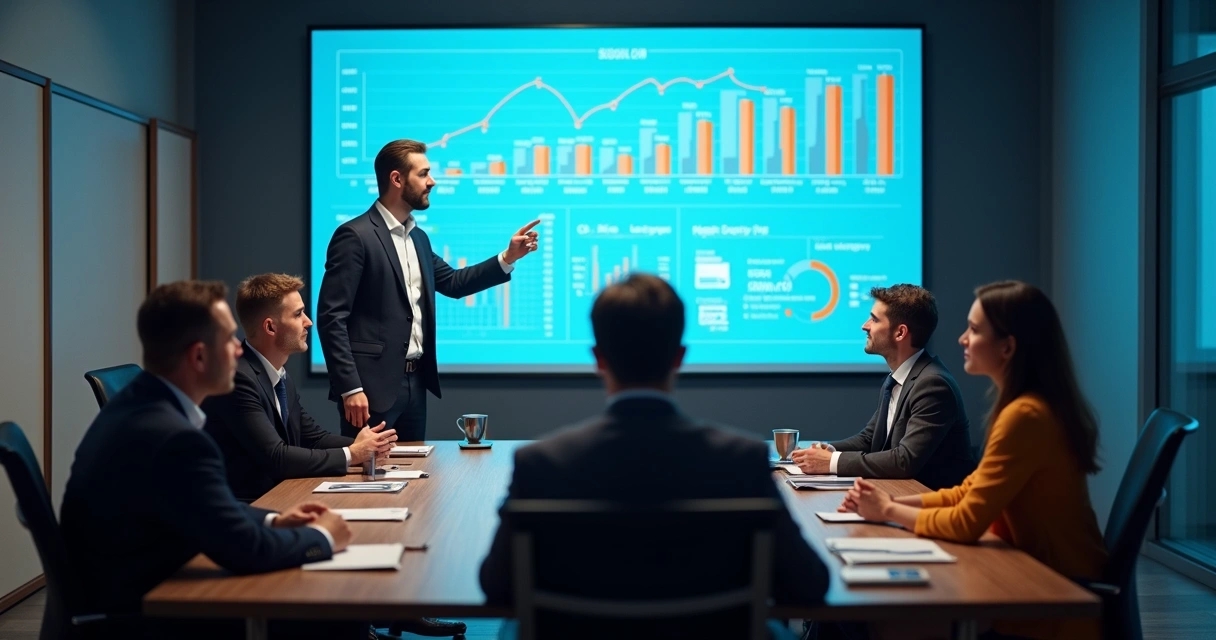 Equipe reunida em sala de reunião analisando pipeline no CRM projetado na parede 