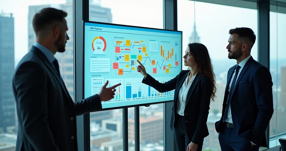 Equipe comercial analisando CRM projetado em tela grande durante reunião.