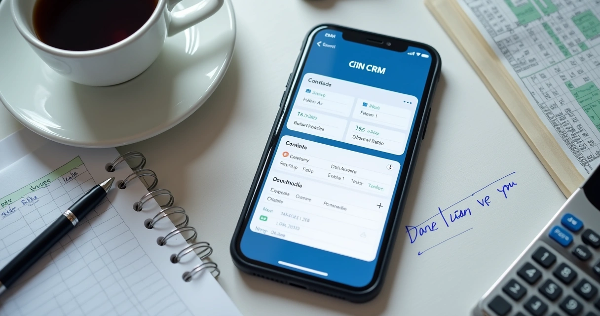 Tela de CRM simples no celular ao lado de caderno e planilha 