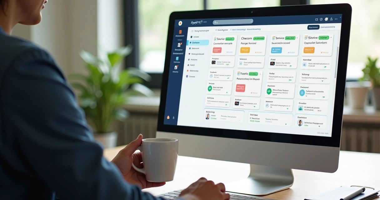Tela de CRM com contatos e propostas de serviços em destaque. 