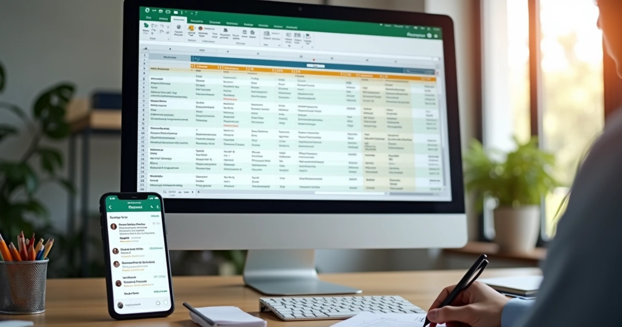 Planilha aberta ao lado de uma tela de WhatsApp, monitorando etapas de vendas