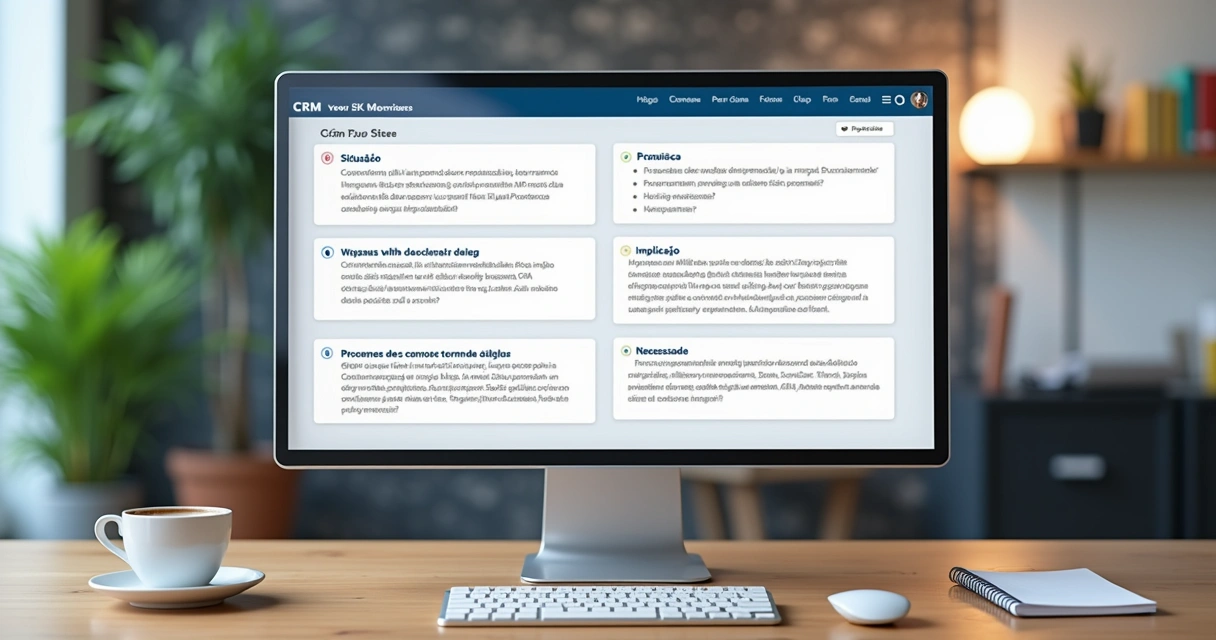 Interface de CRM mostrando campos para perguntas do SPIN Selling em tela de computador 