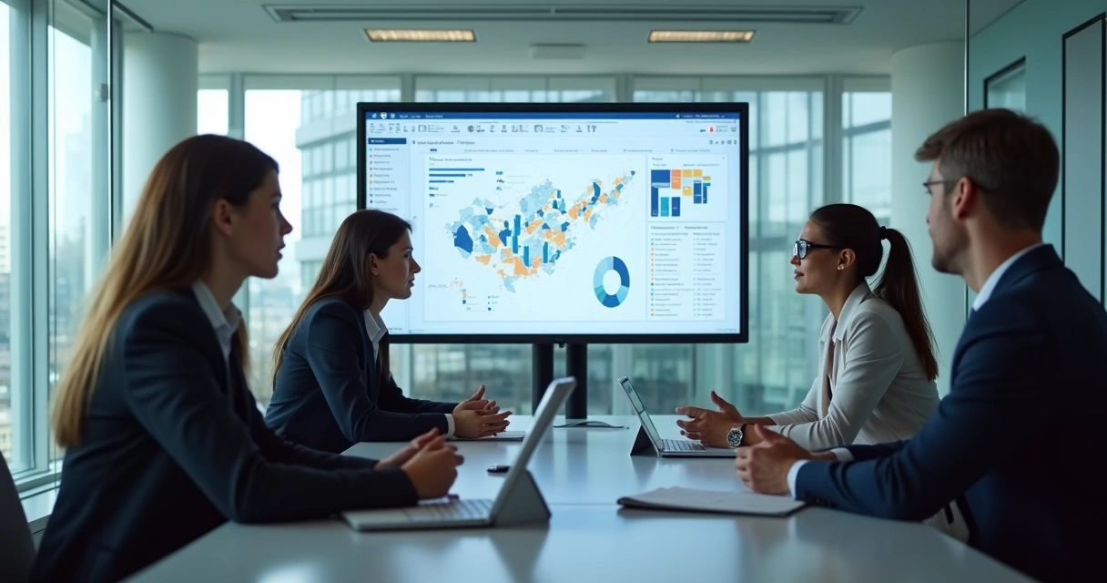 Dashboard de CRM mostrando integração de dados, equipe em sala de reunião. 