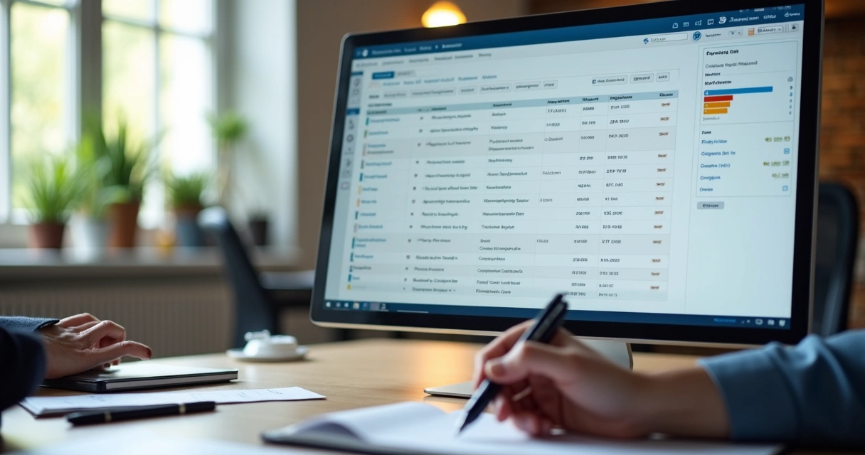 Tela de CRM aberta em monitor com registros de prospecção e follow-up de cold call 