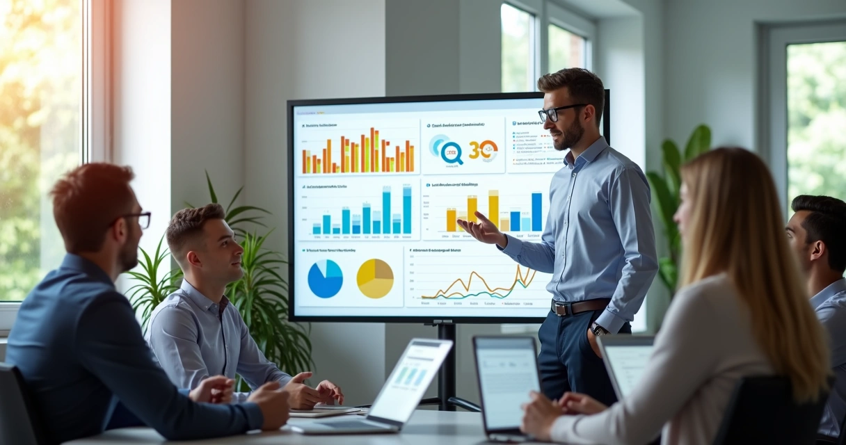 Consultor mostrando painel de CRM para equipe de vendas em sala moderna 