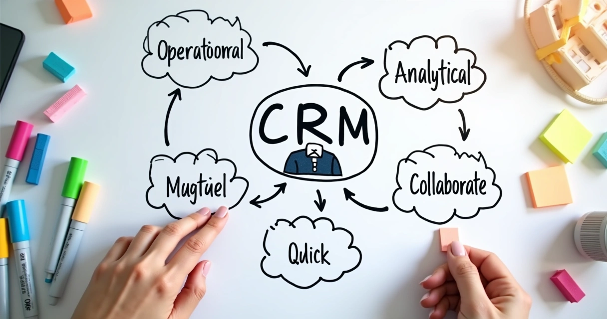 Quadro branco digital mostrando diferentes tipos de CRM conectados ao cliente 