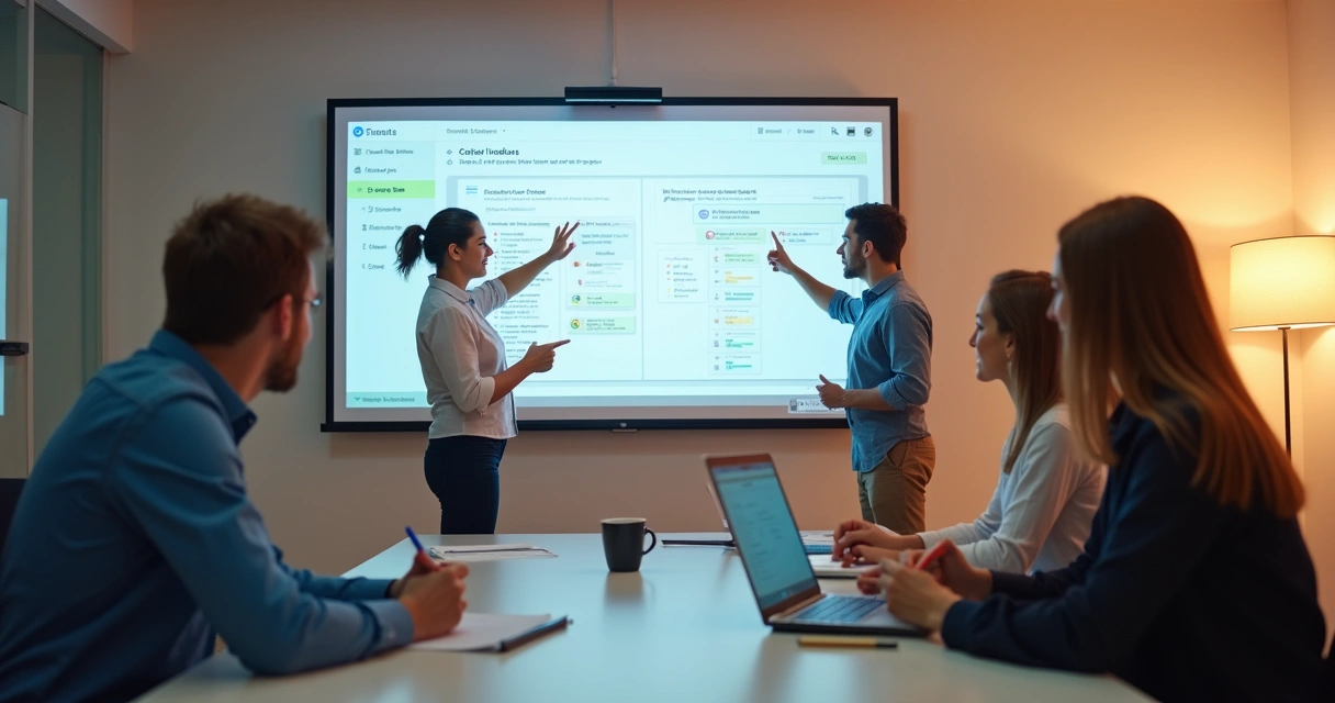 Sales team learning a new CRM system together 