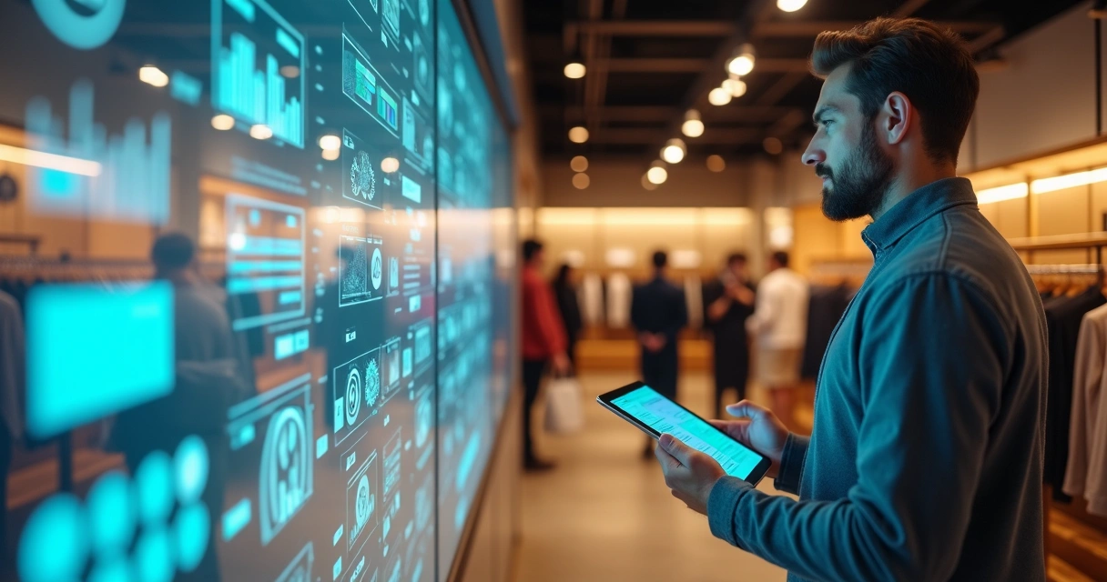 Gestor de varejo observando mural digital com perfis de clientes fiéis na loja 