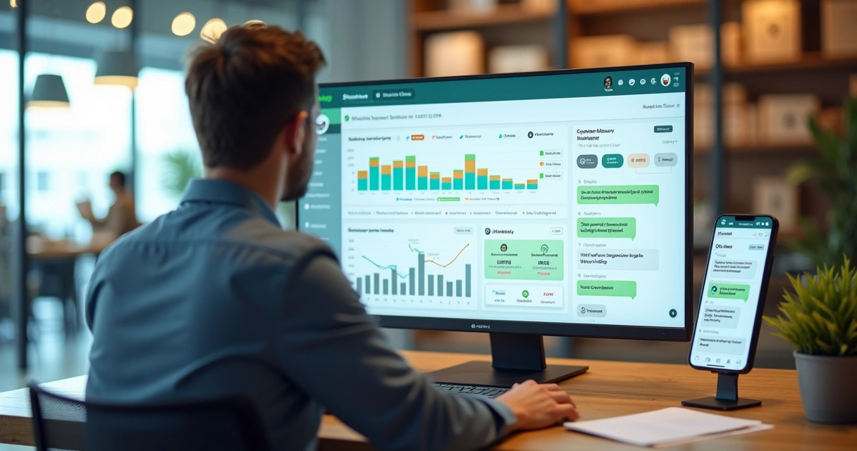 Gestor de varejo analisando dashboard de CRM com automação e pós-venda 