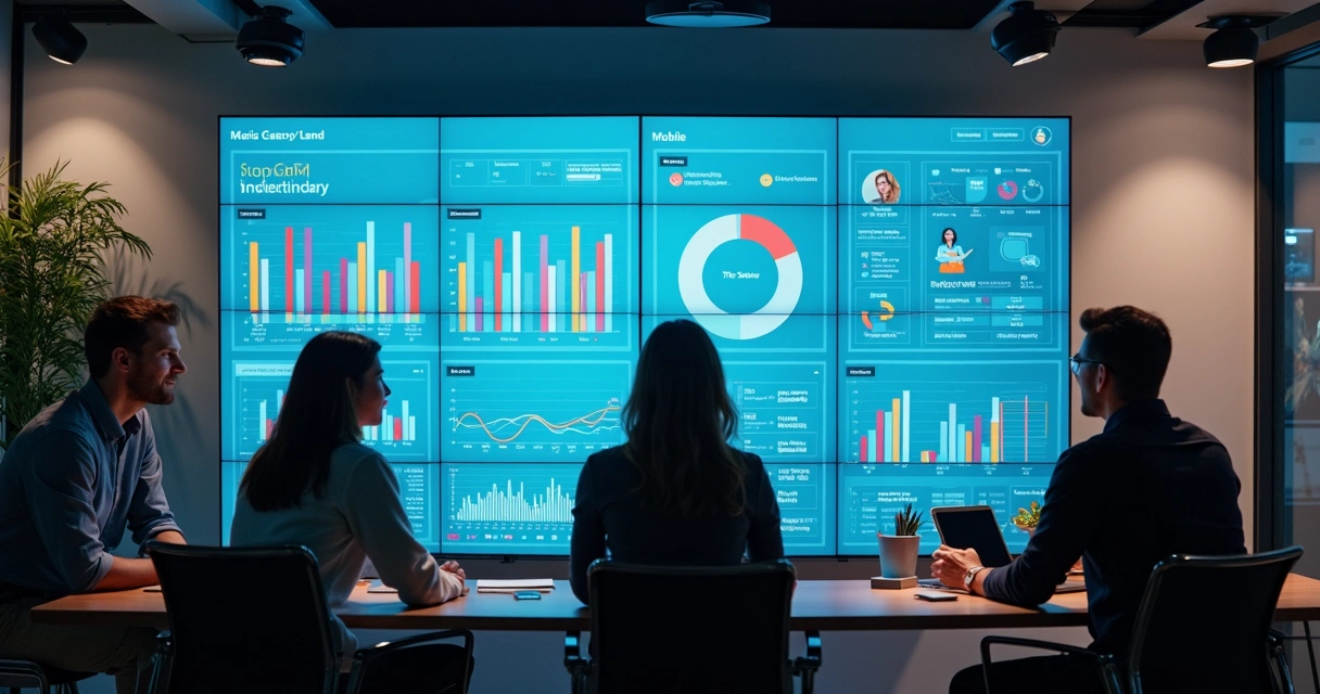 Painel colorido de CRM B2B em tela grande com gráficos e tarefas. 