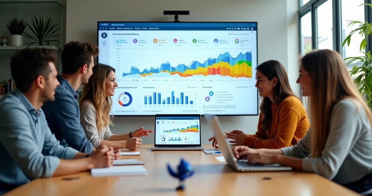 Equipe de vendas analisando painel de CRM com funil de vendas e automações 