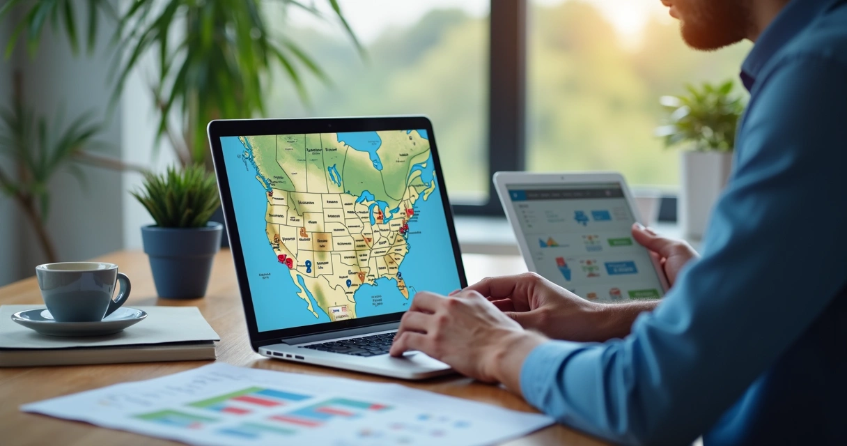 CRM exibindo mapa de leads empresariais segmentados por região 