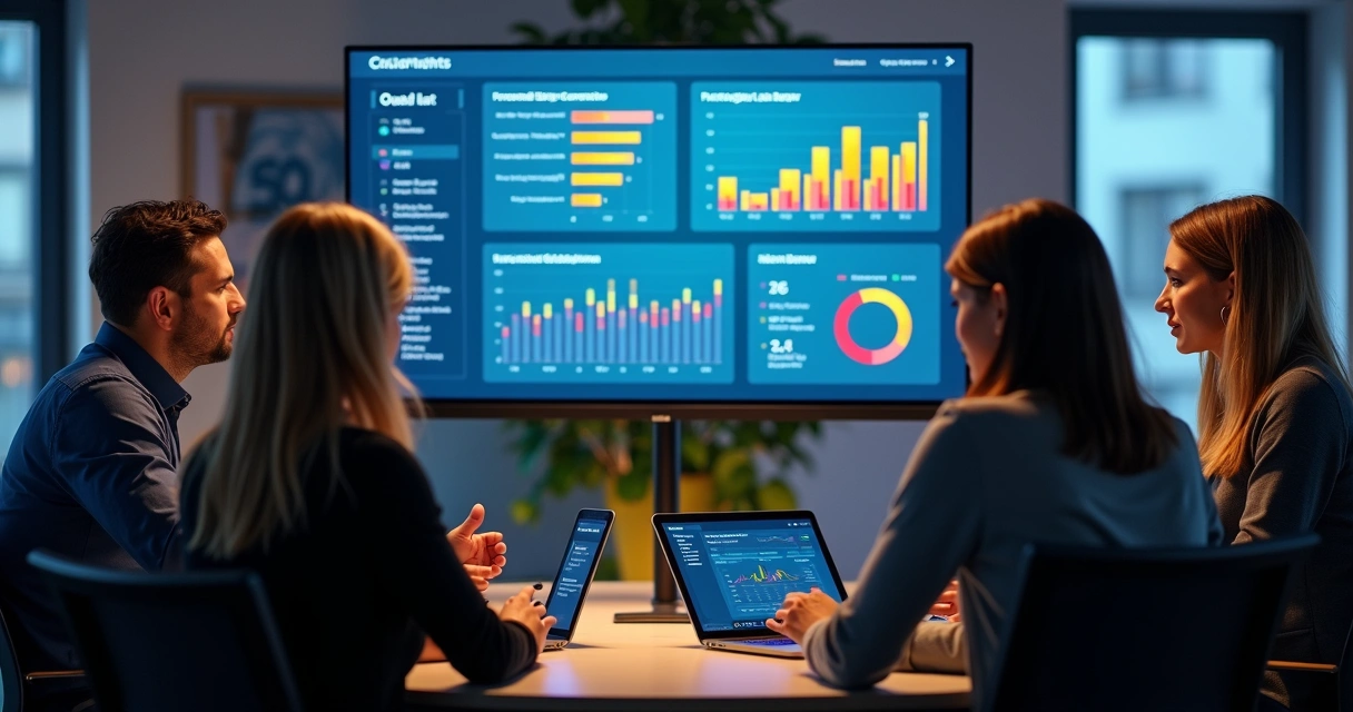 Equipe de vendas analisa tela de CRM com dados de compradores e gráficos coloridos. 