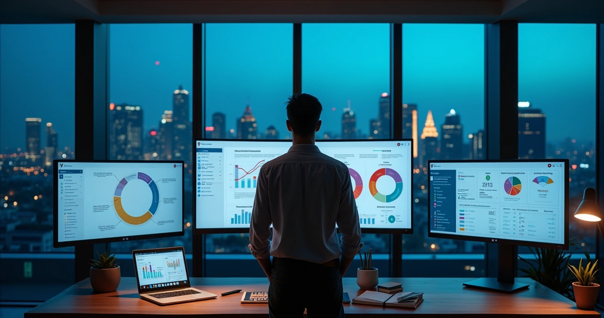 Gestor analisa painéis de CRM destacando vendas recorrentes em tela ampla 