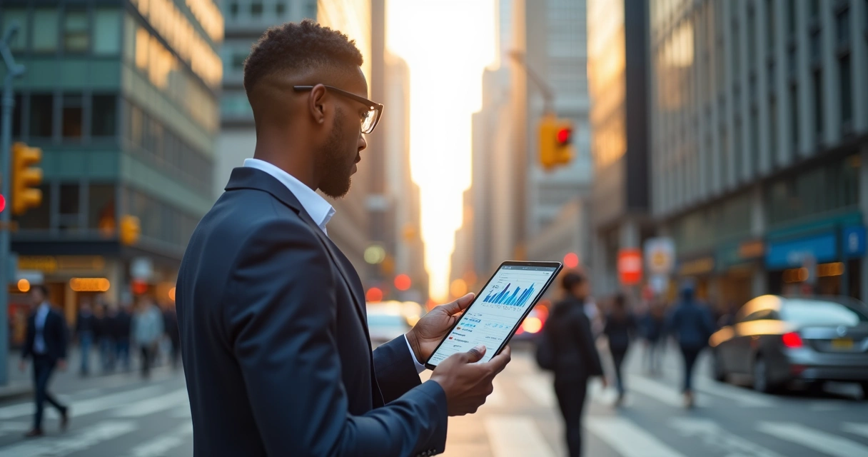 Vendedor acessando CRM em tablet na rua 