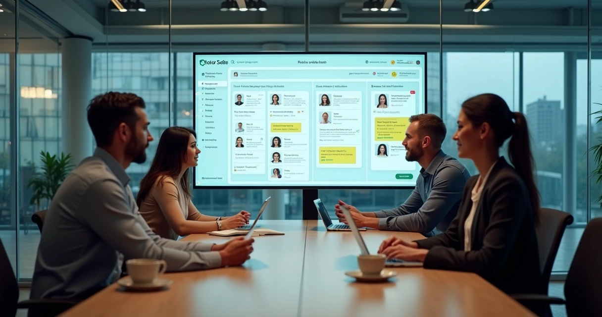 Equipo usando panel CRM para ventas en WhatsApp en una sala de juntas 
