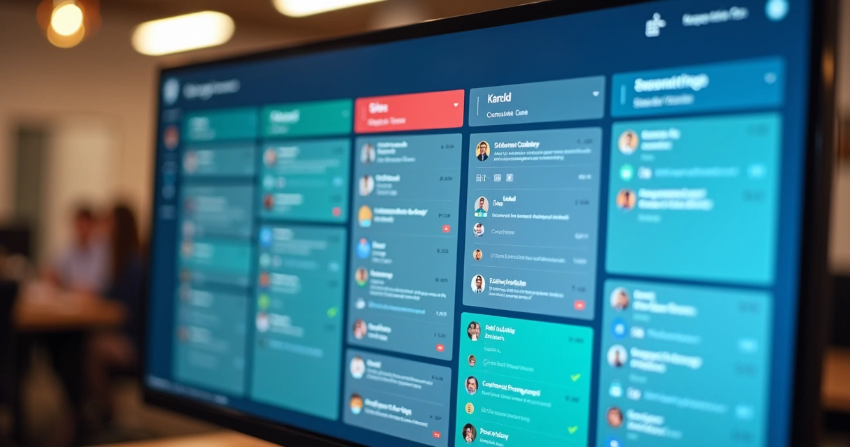 Visão geral de CRM com funil de vendas e lista de mensagens em monitor 