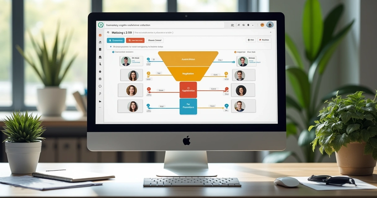 Tela de CRM imobiliário exibindo funil visual tipo kanban e múltiplos estágios