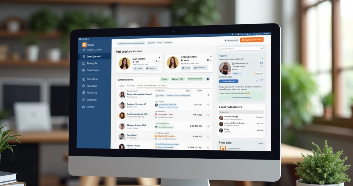 Interface de CRM imobiliário visual mostrando clientes e imóveis na tela 