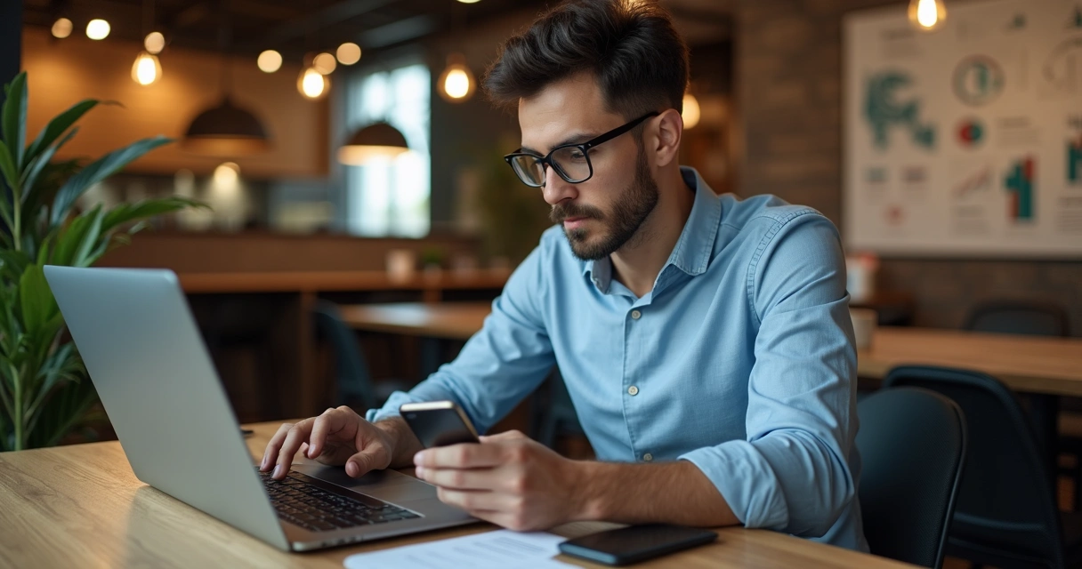 Gestor usando CRM e WhatsApp para atendimento digital 