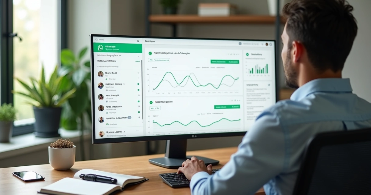 Profissional analisando tela com contatos do WhatsApp organizados em CRM 