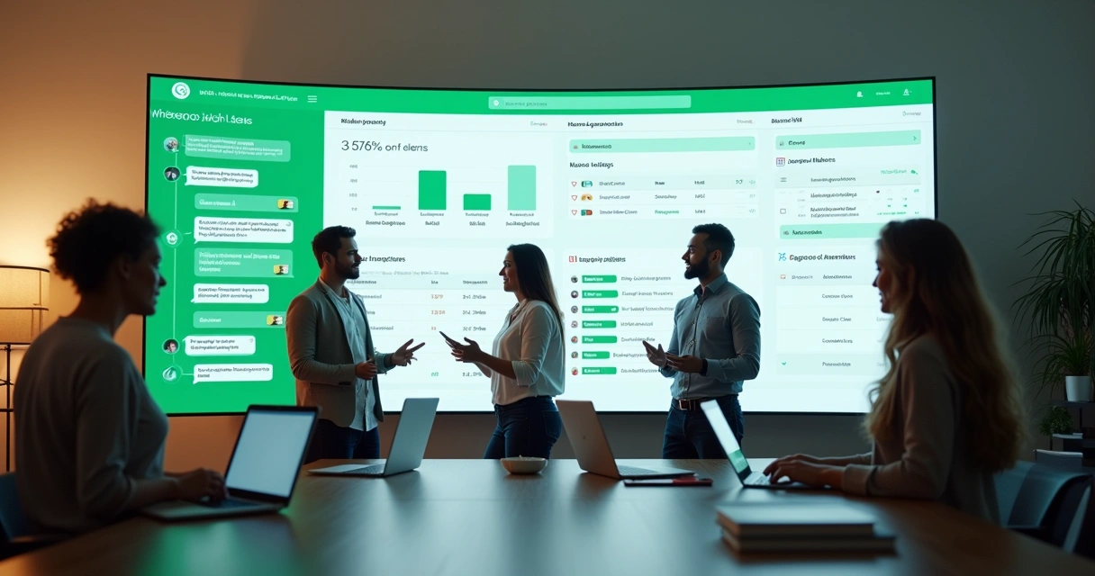Equipe analisa painel de CRM integrado ao WhatsApp com conversas e funil de vendas 