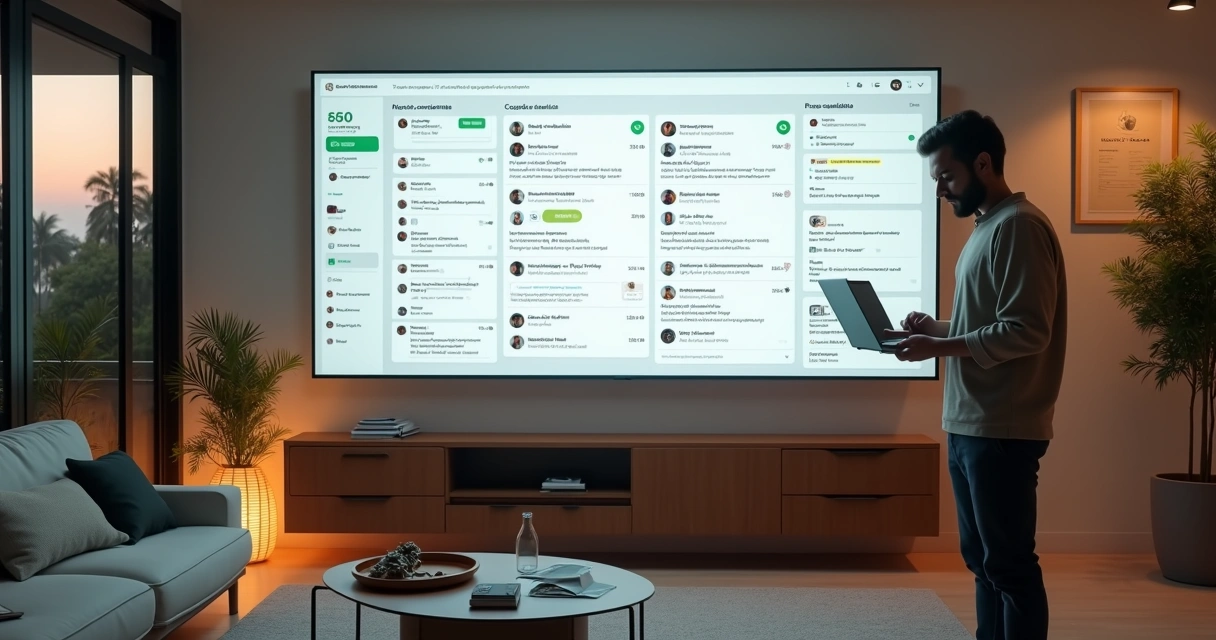 Gestor de hotel analisando painel gigante de conversas do WhatsApp conectado ao CRM 