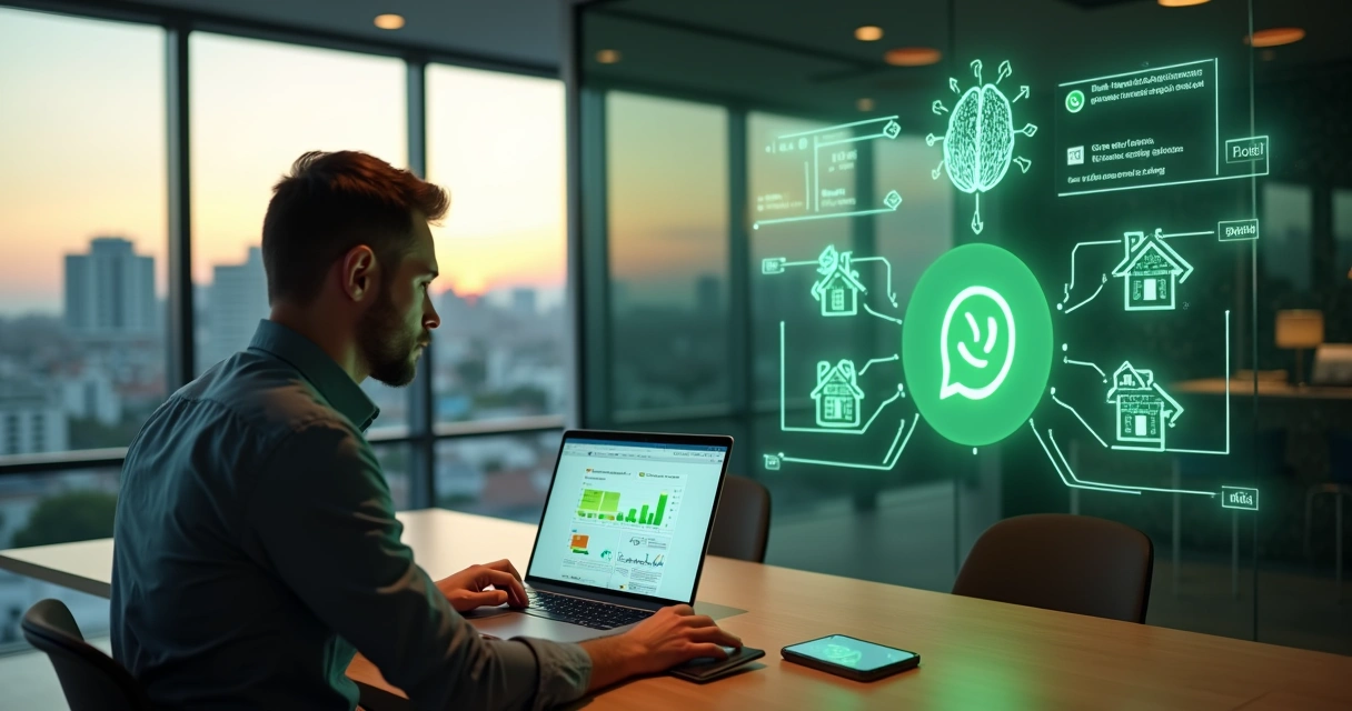 Corretor imobiliário usando CRM com IA em notebook enquanto conversa com cliente no WhatsApp no escritório 
