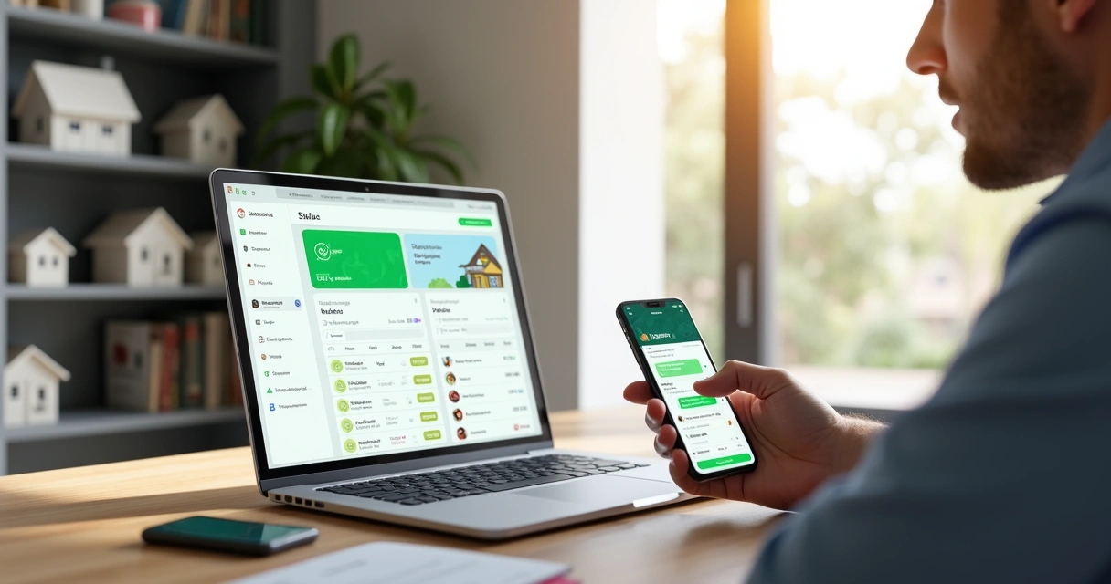 Corretor usando notebook com painel de CRM enquanto conversa com cliente no WhatsApp na tela do celular 