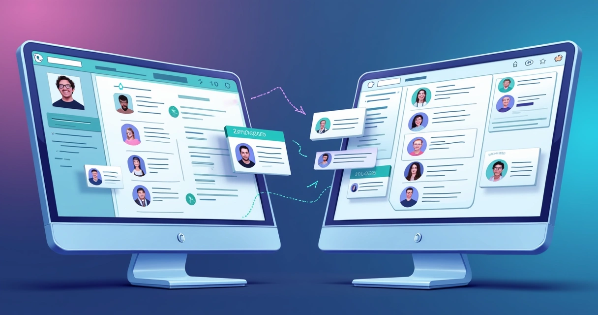 Exibição de dois sistemas de CRM sincronizando contatos por identificadores digitais 