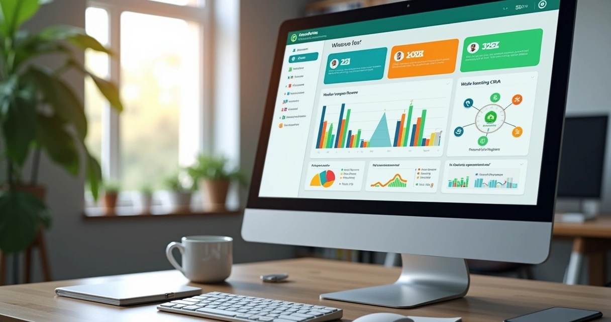 Tela de computador exibindo CRM integrado com WhatsApp com gráficos de vendas e mensagens de atendimento automatizado 