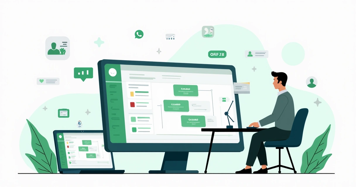 Ilustração de painel de CRM integrado ao WhatsApp com vendedor acompanhando funil de vendas 