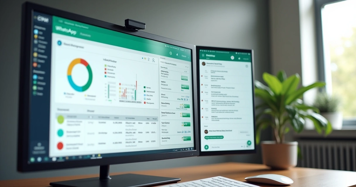 Tela de CRM aberta ao lado de conversa no WhatsApp Business com dados do lead 