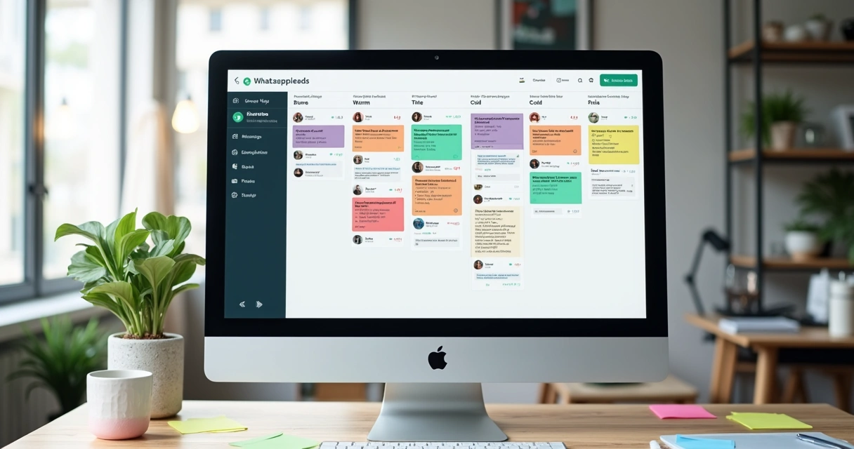 Tablero Kanban tipo CRM con tarjetas de prospectos organizados por interés 