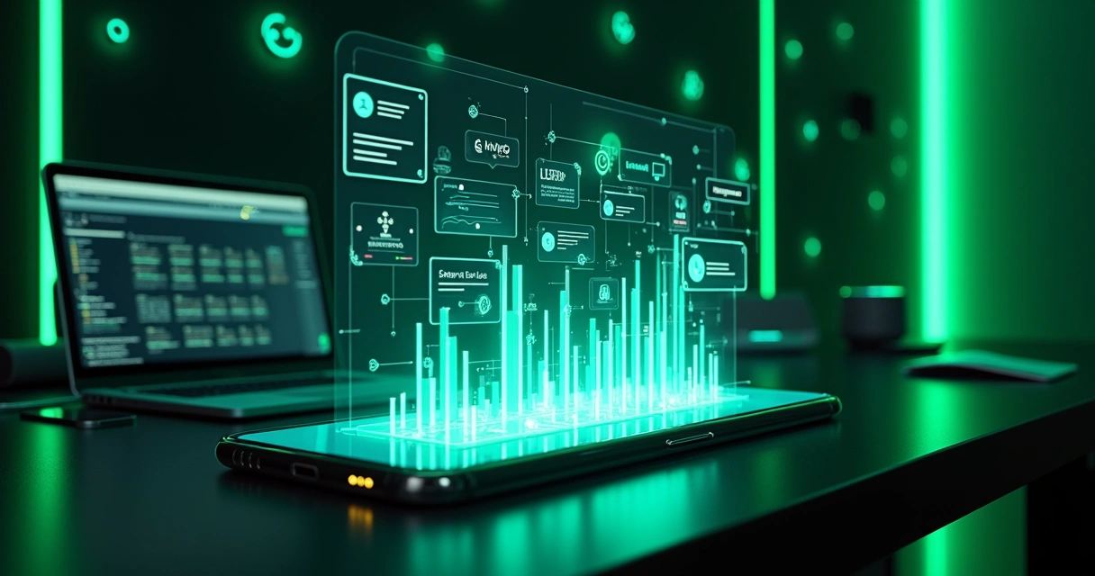 Dashboard holográfico de CRM conectado a chats de WhatsApp 