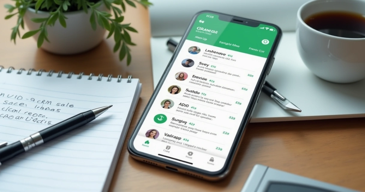 Tela de CRM no celular ao lado de conversa de vendas no WhatsApp