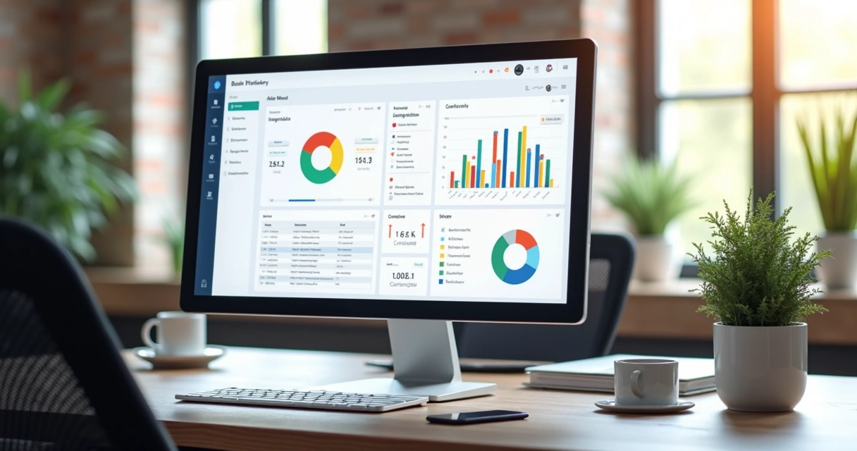 Tela de computador exibindo painel de CRM white-label personalizado com gráficos, contatos e integrações em ambiente de escritório moderno 
