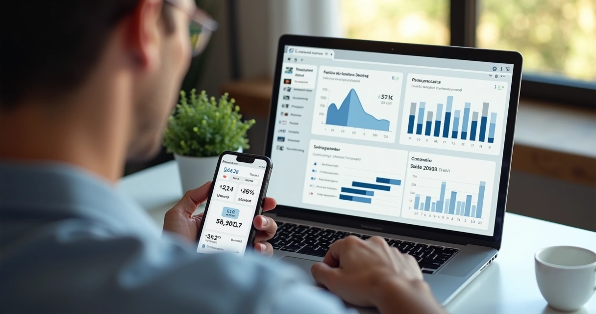 Pessoa analisando dados simples de vendas em notebook e celular, com painéis fáceis de entender