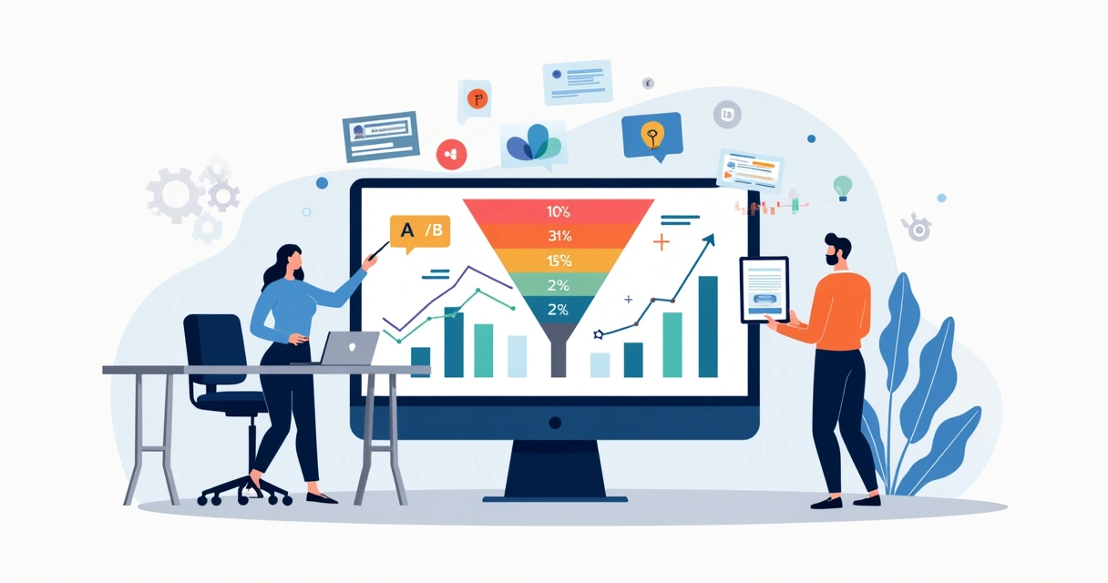 Equipe analisa gráficos de conversão em dashboard com funil e testes A/B 