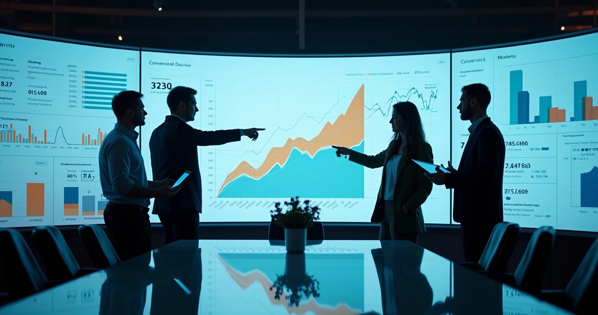 Equipe observando grande painel digital com dados de conversão em destaque 