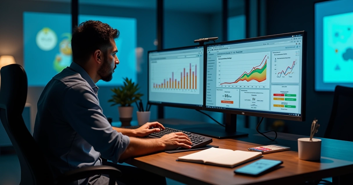 Profissional analisando painel de métricas de e-commerce em tela com loja virtual ao fundo 