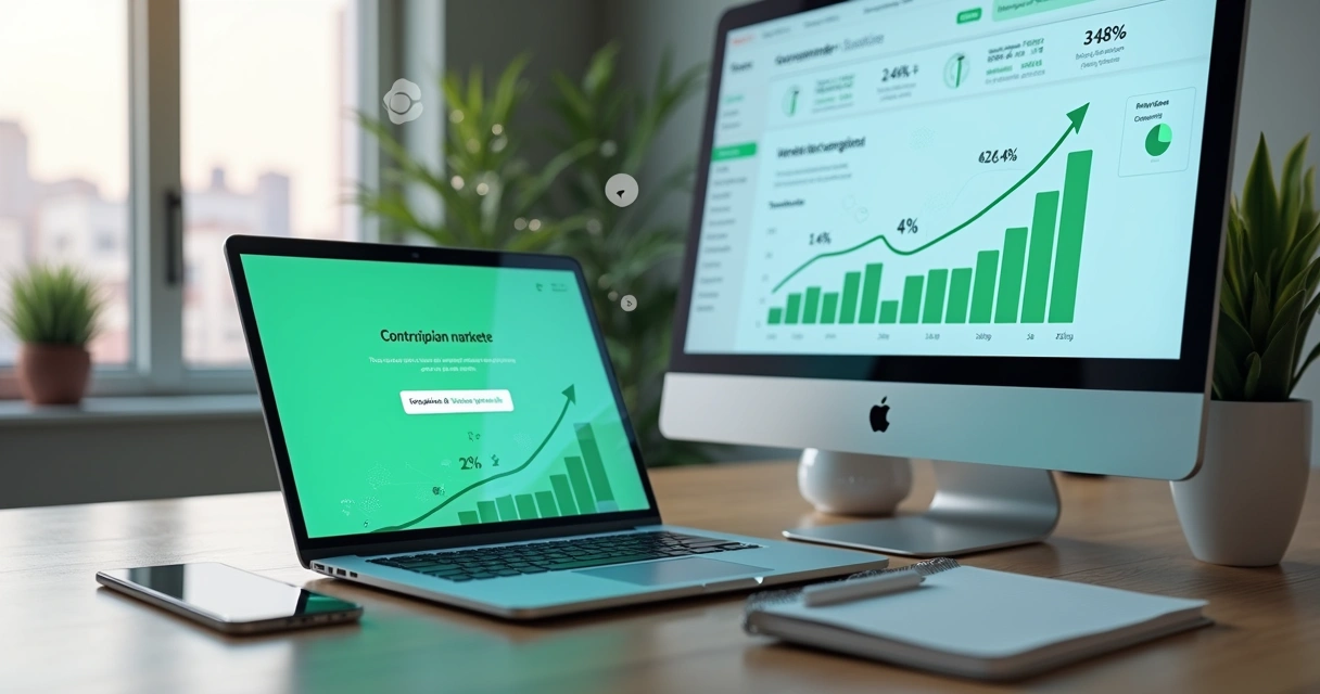 Tela de landing page em notebook e celular com gráficos de conversão subindo 