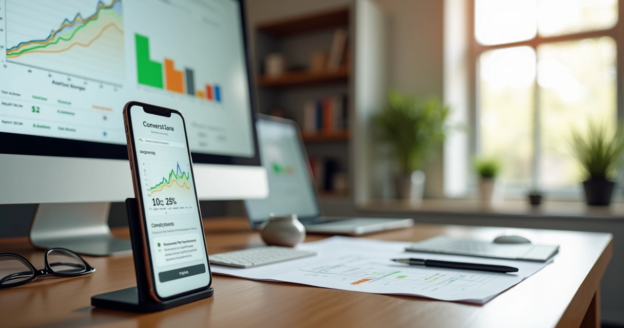 Dashboard de marketing com gráfico de conversões subindo em tela de celular sobre mesa de trabalho 