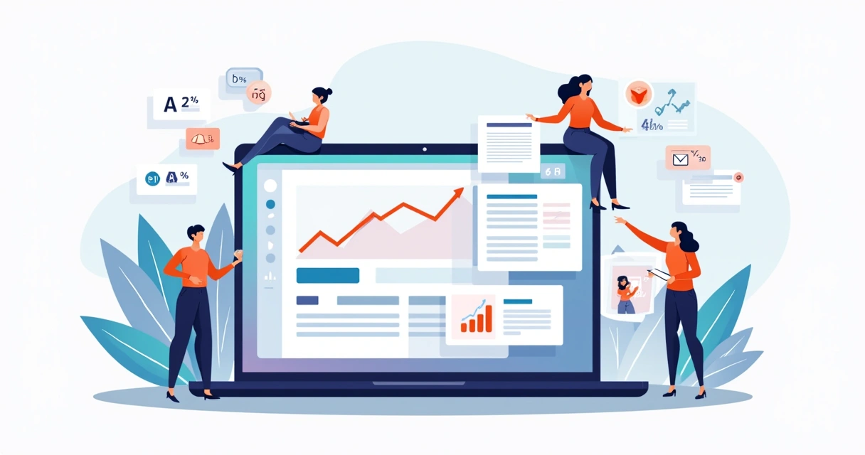 Ilustração de dashboard de landing page com gráficos de conversão crescendo 