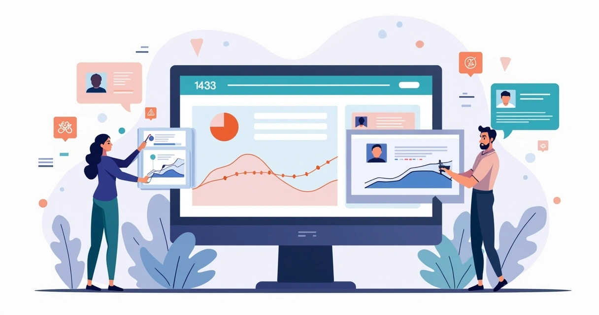 Ilustração de dashboard com landing page e gráficos de conversão em alta 