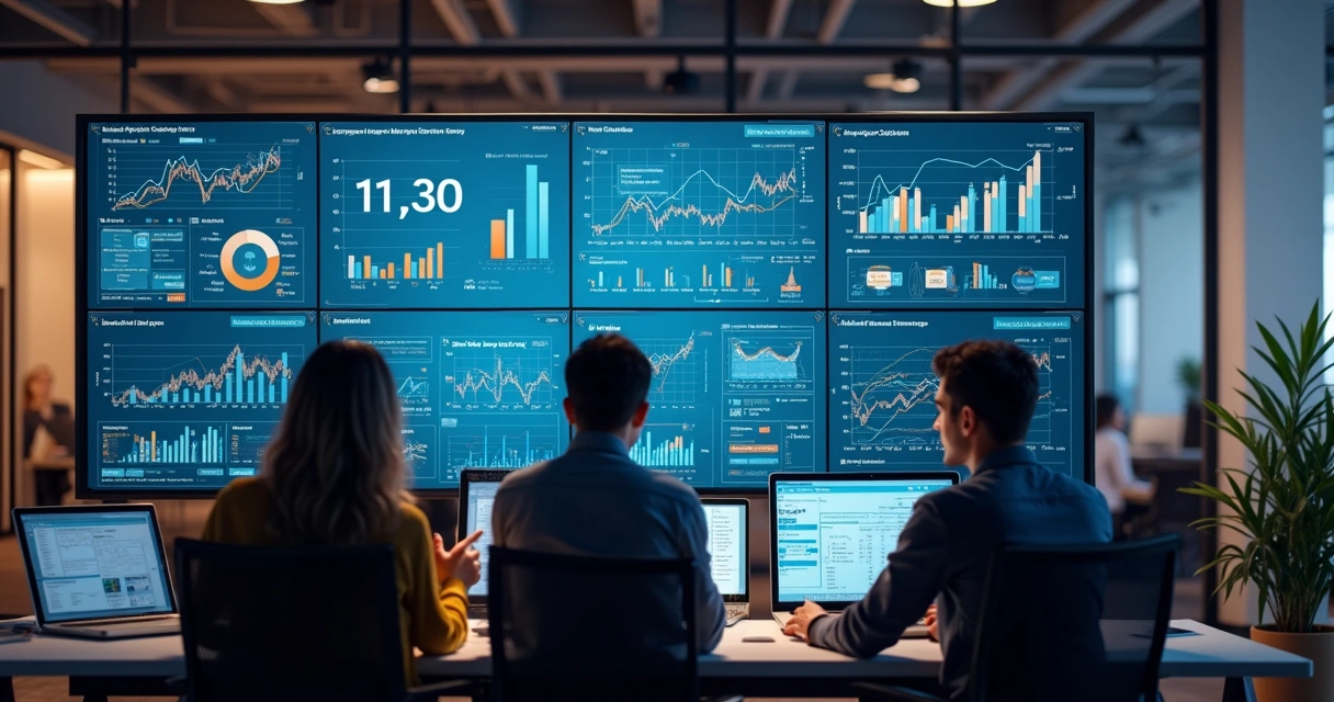 Equipe analisando CRO com painel digital de aprendizado de máquina 