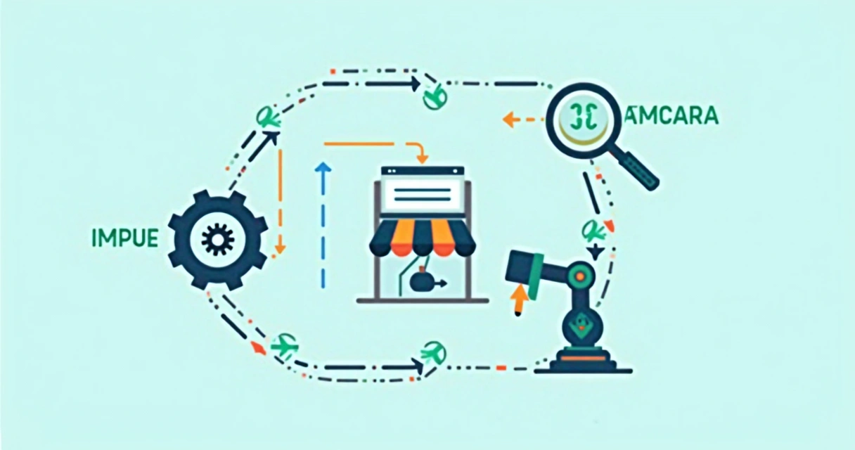 Ilustração conectando cro, seo e automação por flechas em um ecommerce.